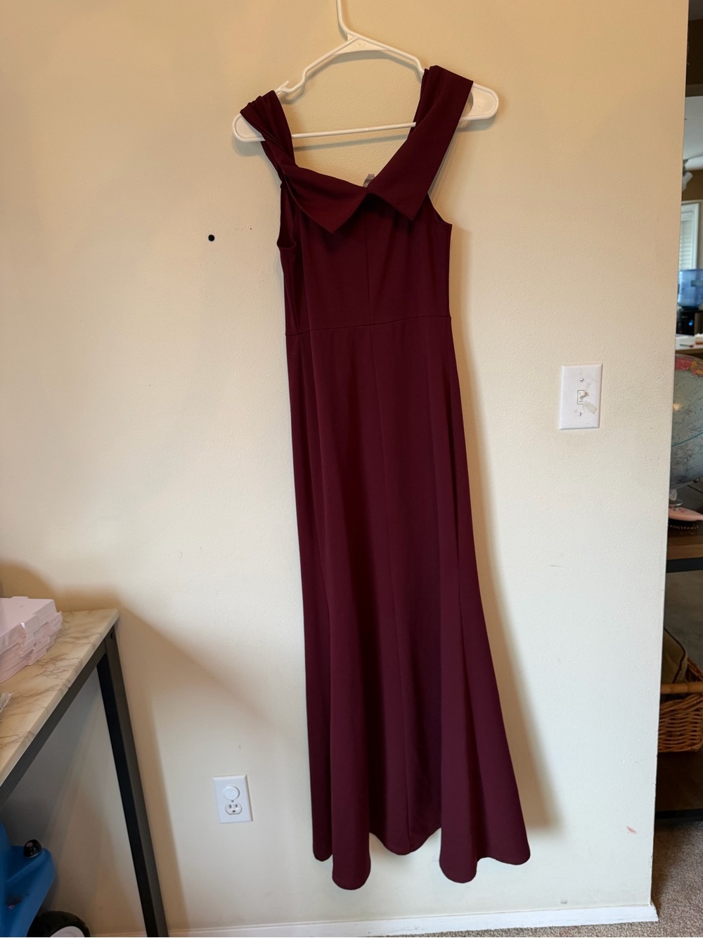 Windsor Off-the-Shoulder Burgundy Evening Gown with Thigh Slit - Picture 4 of 6